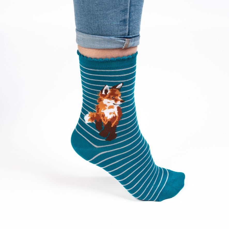 Wrendale Designs Teal 'Born to be Wild' Fox Bamboo Socks - Hothouse